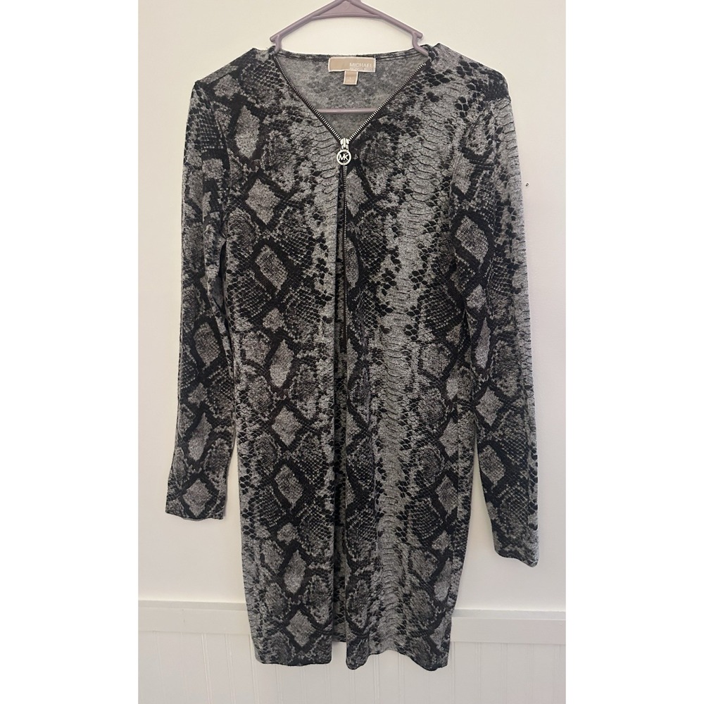 MK Michael Kors Dress Womens Large Black Gray Snakeskin Logo Zipper Long Sleeve